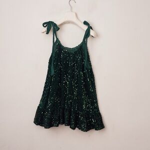 Free People Green Sequin Dress with Ribbon Straps